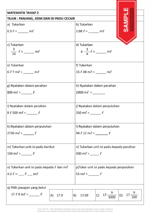 Download Latih Tubi Matematik Bab Panjang Jisim dan Isipadu Cecair Tahap 2 yang Quality