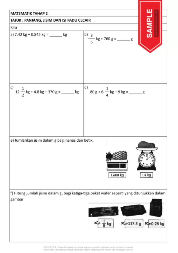 Download Latih Tubi Matematik Bab Panjang Jisim dan Isipadu Cecair Tahap 2 yang Quality