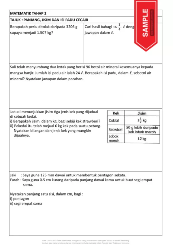 Download Latih Tubi Matematik Bab Panjang Jisim dan Isipadu Cecair Tahap 2 yang Quality