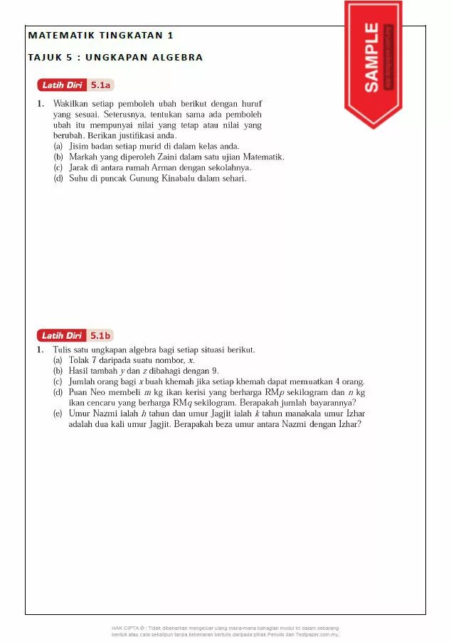 Soalan Latihan Matematik Bab Algebra Tingkatan 1 KSSM