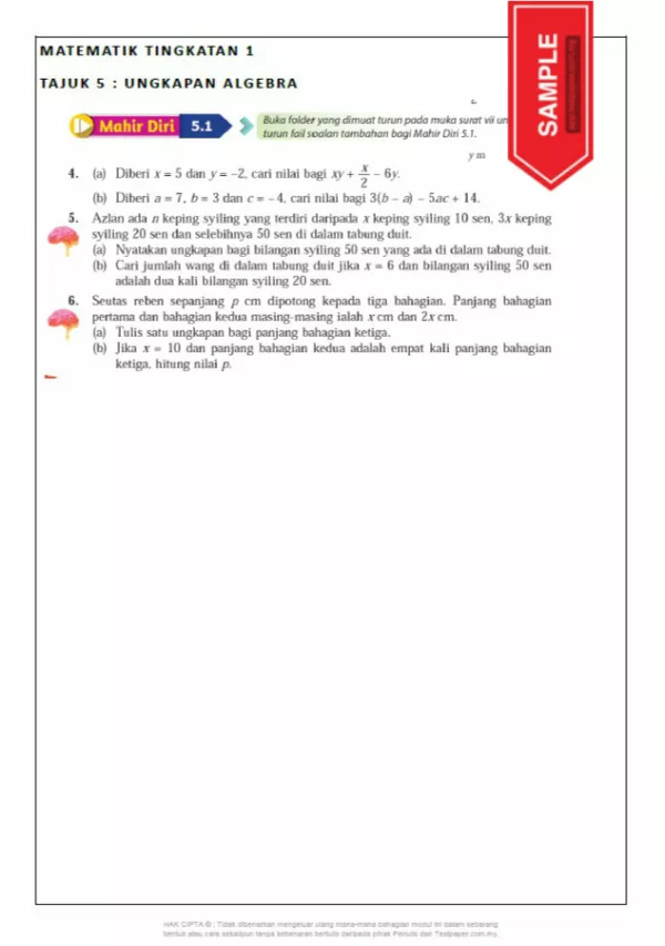 Soalan Latihan Matematik Bab Algebra Tingkatan 1 KSSM