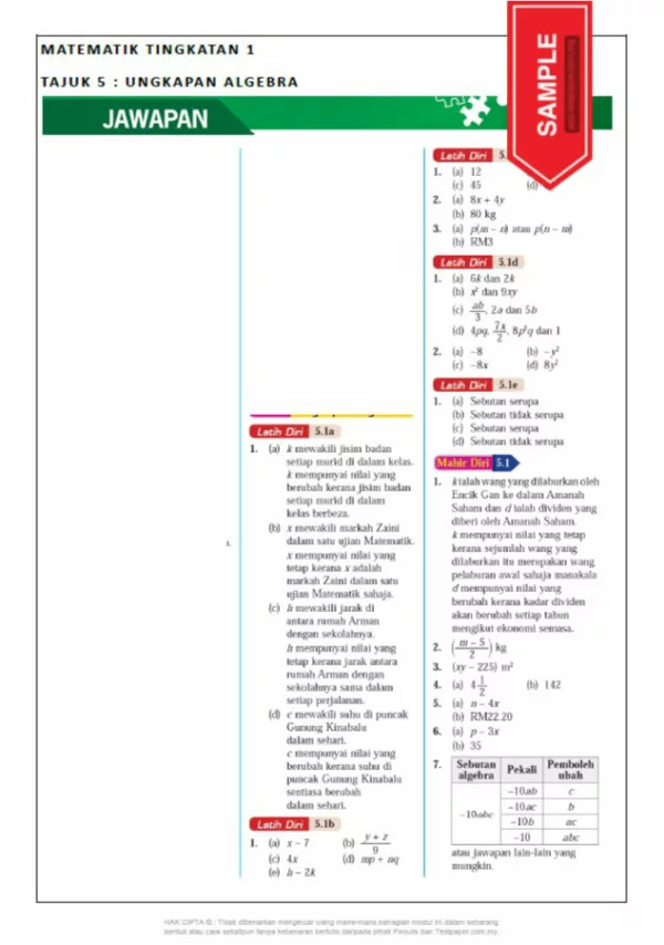 Soalan Latihan Matematik Bab Algebra Tingkatan 1 KSSM