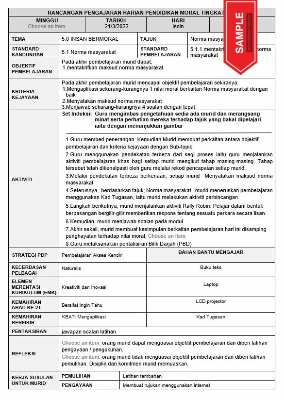 Download Bahan RPH Pendidikan Moral Tingkatan 4 KSSM yang Quality