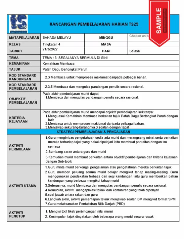 RPH Bahasa Melayu Tingkatan 4 TS25