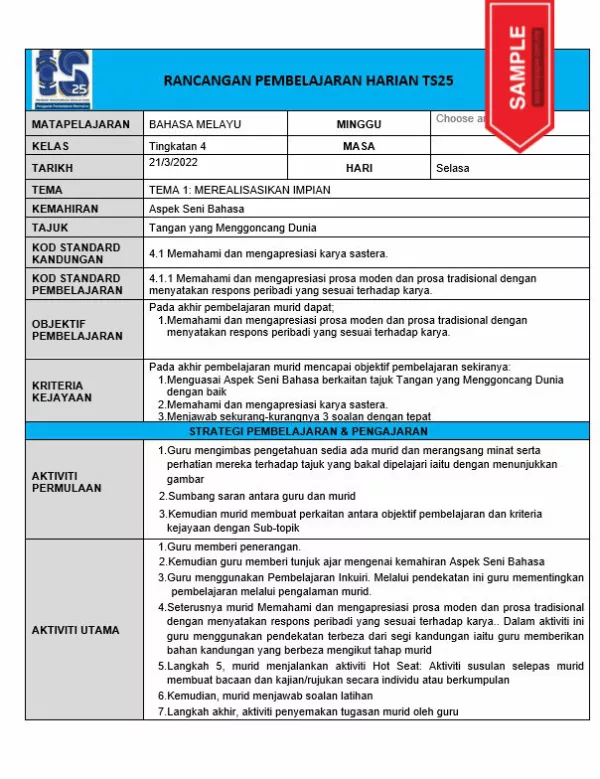 RPH Bahasa Melayu Tingkatan 4 TS25