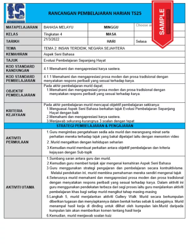 RPH Bahasa Melayu Tingkatan 4 TS25