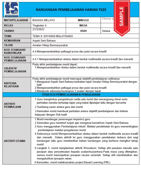 RPH Bahasa Melayu Tingkatan 4 TS25