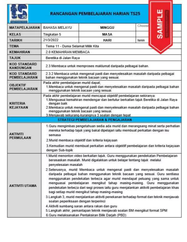 RPH Bahasa Melayu Tingkatan 5 KSSM