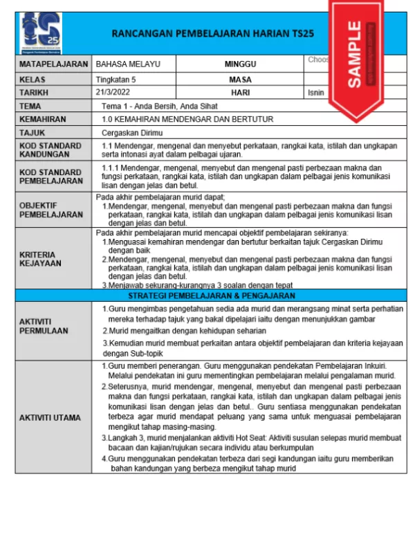 RPH Bahasa Melayu Tingkatan 5 KSSM