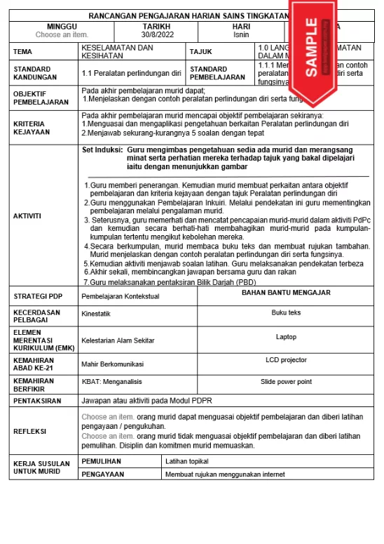 RPH Sains Tingkatan 4 KSSM