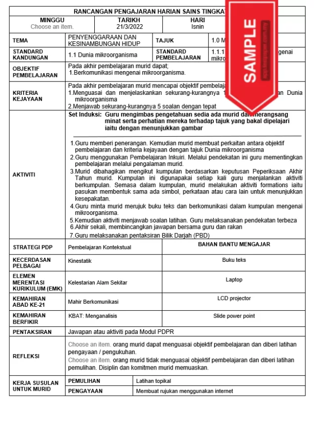 RPH Sains Tingkatan 5 KSSM