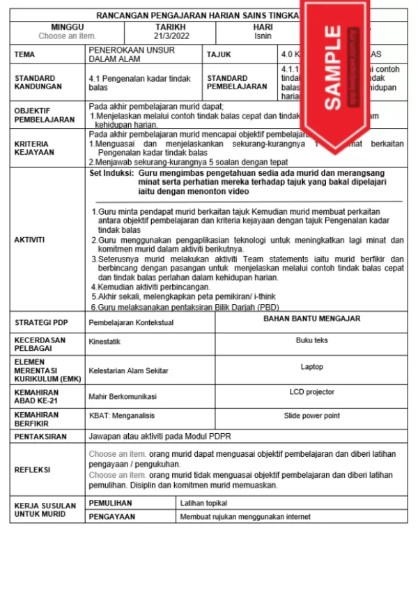 RPH Sains Tingkatan 5 KSSM