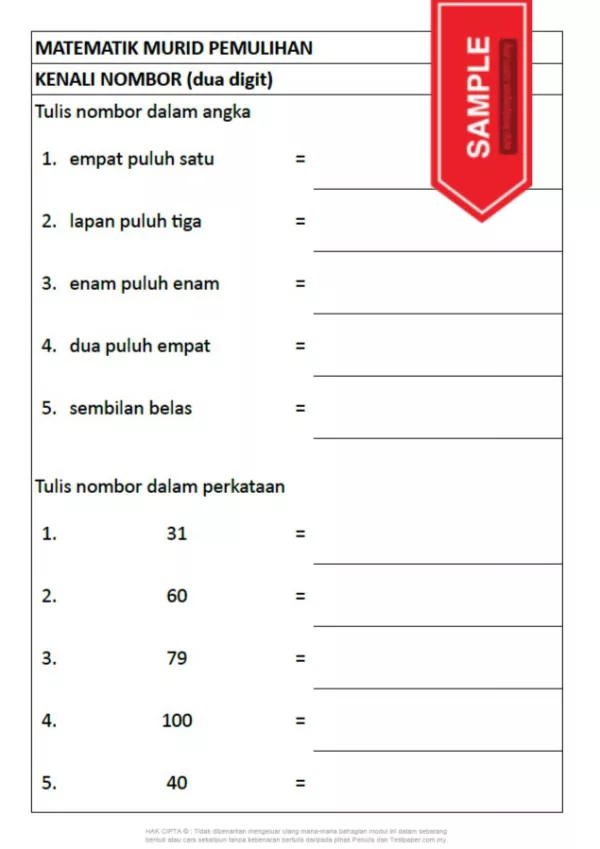 Soalan Latihan Matematik Murid Pemulihan Bab Nombor dan Operasi