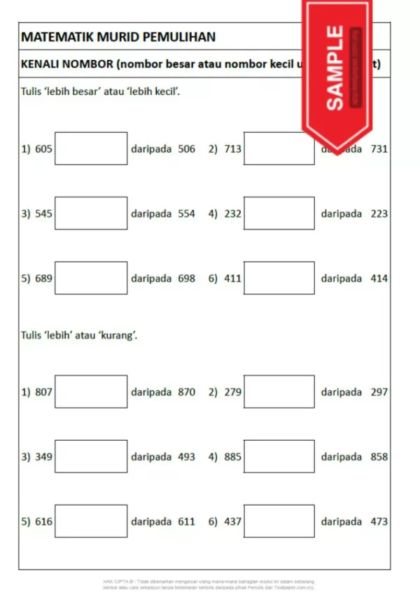 Soalan Latihan Matematik Murid Pemulihan Bab Nombor dan Operasi