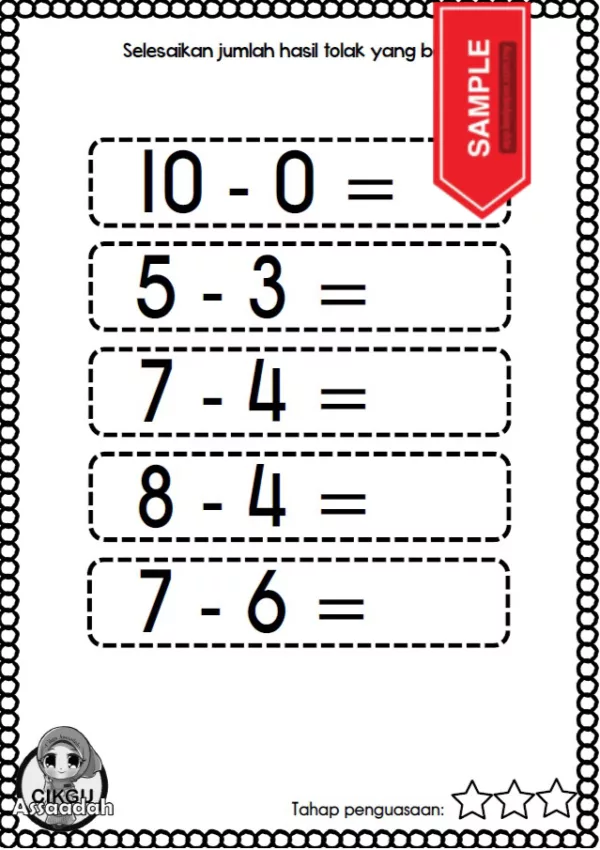 Soalan Latihan Matematik Operasi Tolak Prasekolah