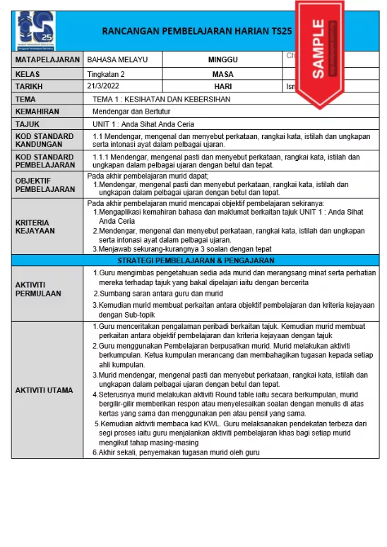 RPH dan RPT Bahasa Melayu Tingkatan 2 TS25