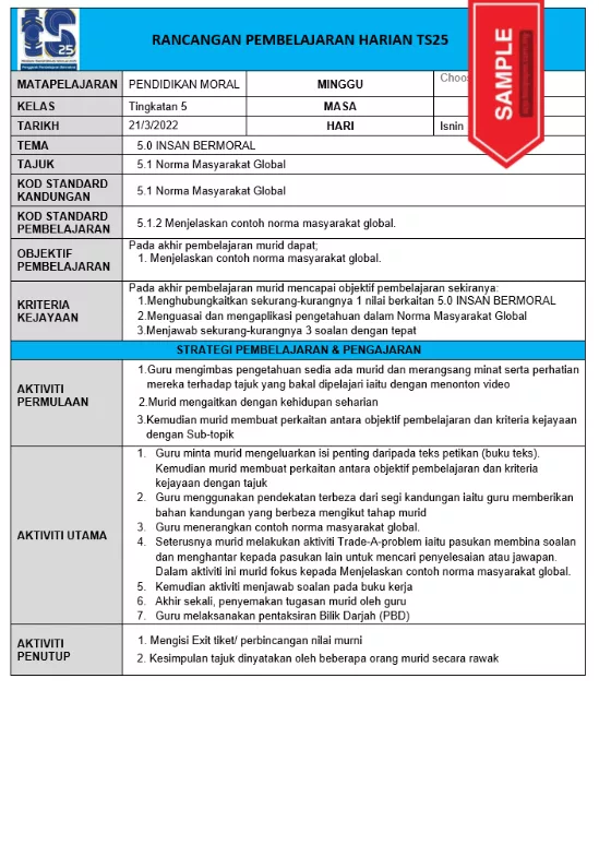 RPH Pendidikan Moral Tingkatan 5 TS25