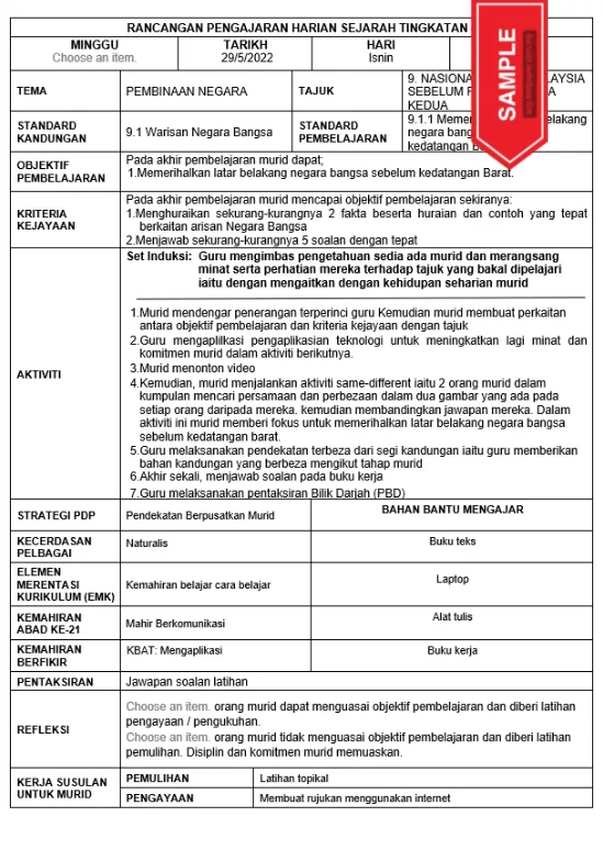 RPH dan RPT Sejarah Tingkatan 4 KSSM