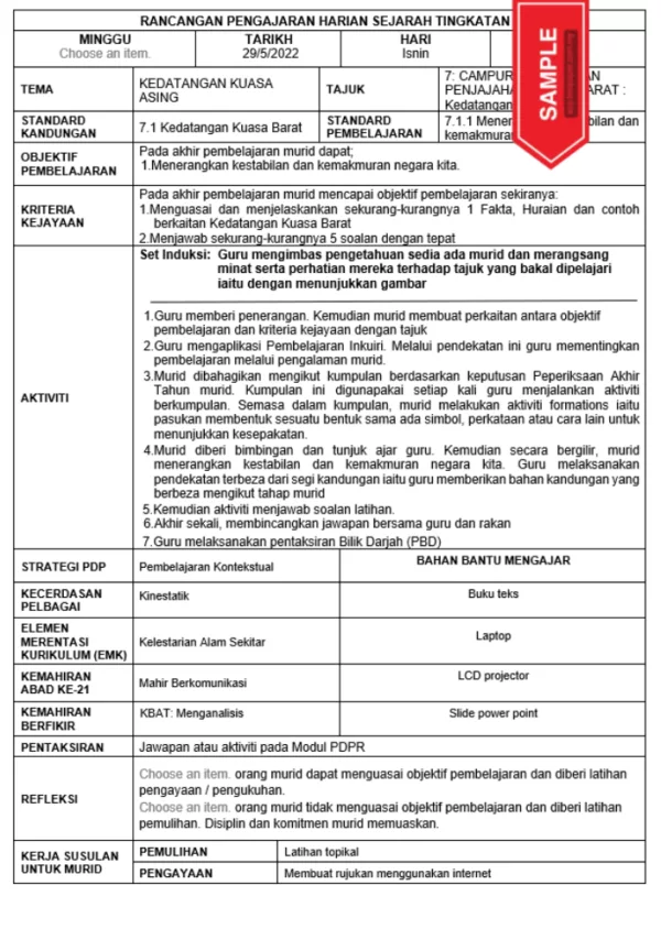 RPH dan RPT Sejarah Tingkatan 3 KSSM