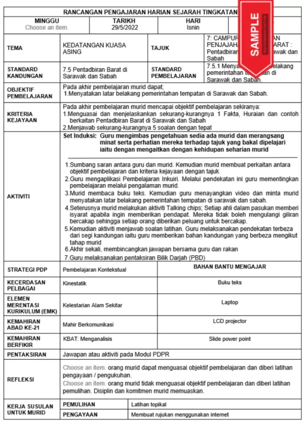 RPH dan RPT Sejarah Tingkatan 3 KSSM