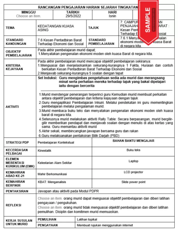 RPH dan RPT Sejarah Tingkatan 3 KSSM