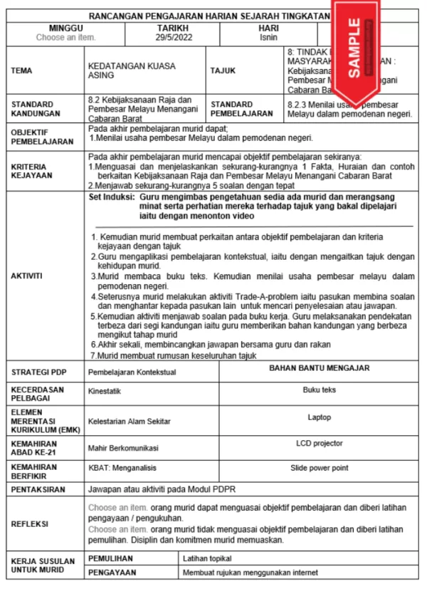 RPH dan RPT Sejarah Tingkatan 3 KSSM