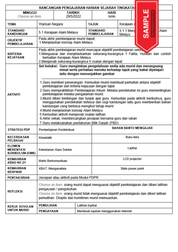 RPH dan RPT Sejarah Tingkatan 2 KSSM