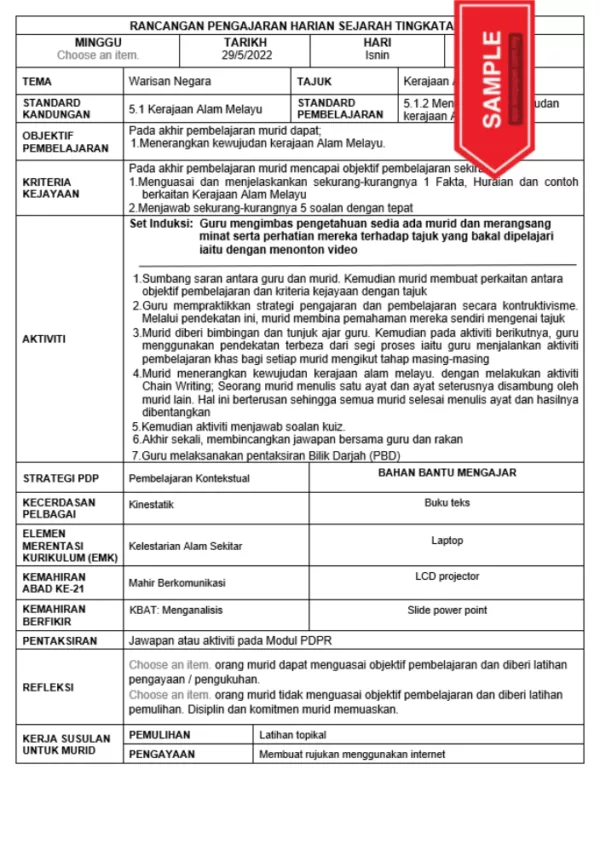 RPH dan RPT Sejarah Tingkatan 2 KSSM