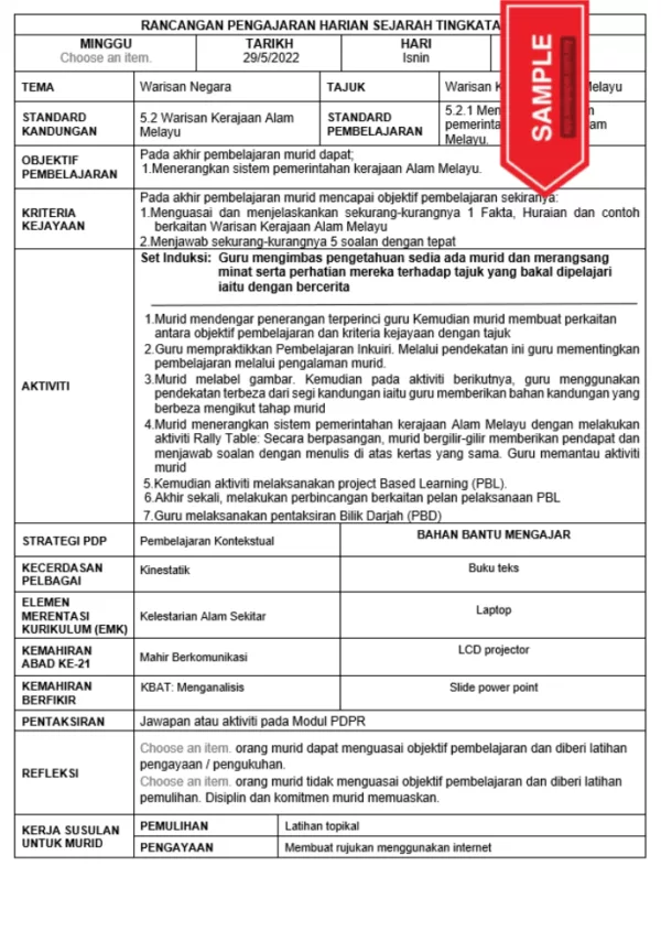 RPH dan RPT Sejarah Tingkatan 2 KSSM