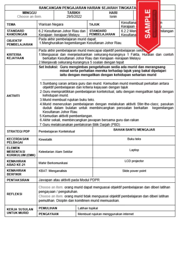 RPH dan RPT Sejarah Tingkatan 2 KSSM