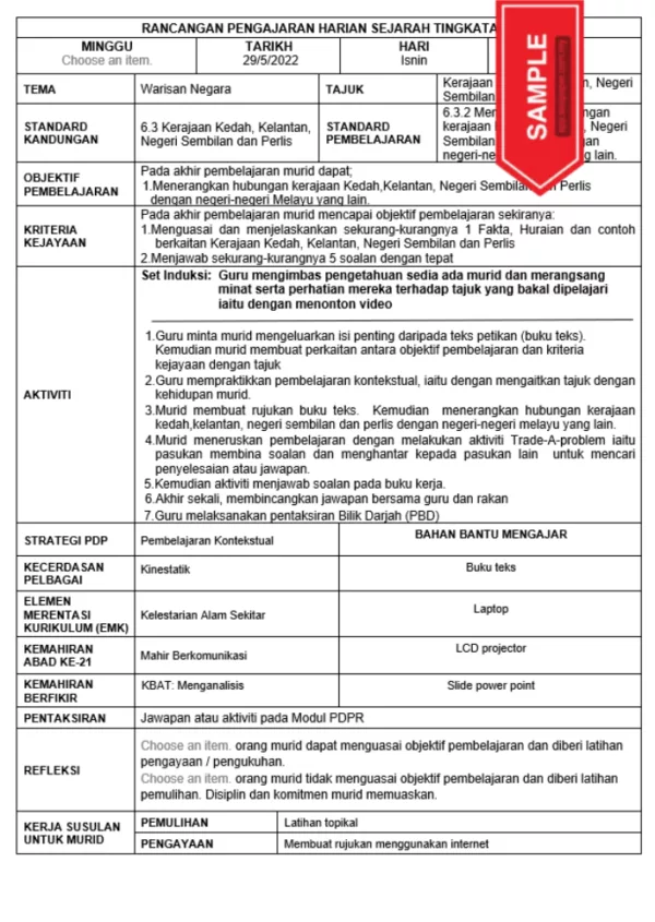 RPH dan RPT Sejarah Tingkatan 2 KSSM