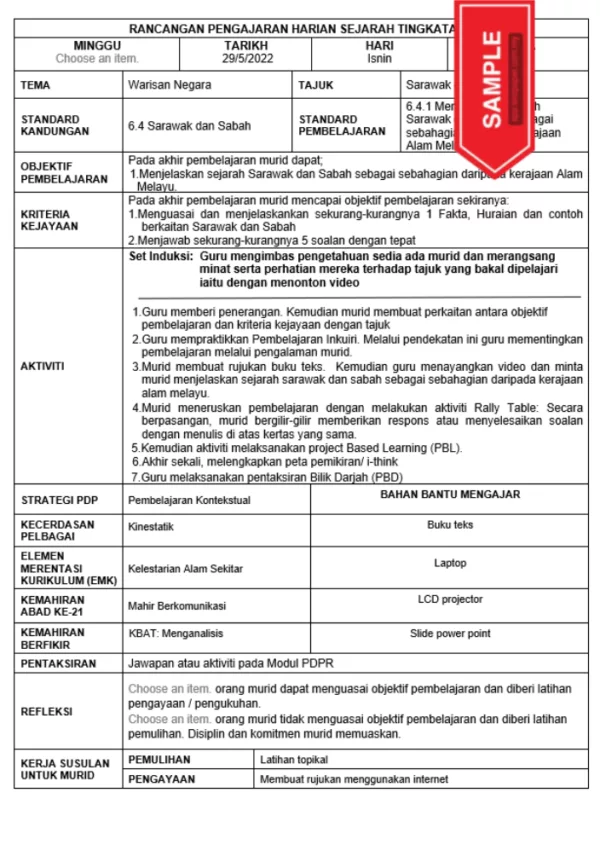 RPH dan RPT Sejarah Tingkatan 2 KSSM