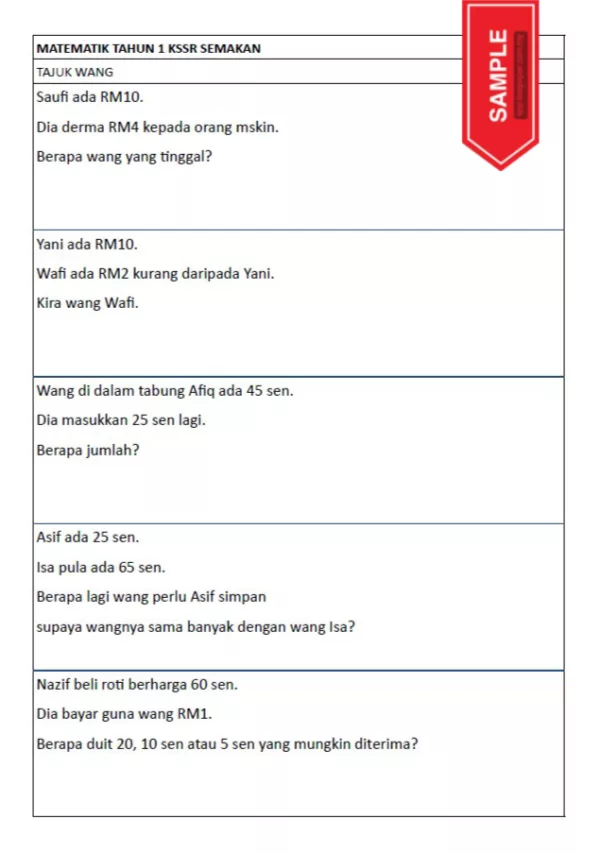 Soalan Latihan Buku Teks Matematik Tahun 1 KSSR