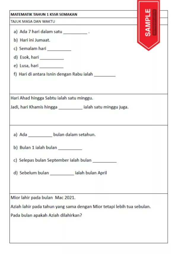 Soalan Latihan Buku Teks Matematik Tahun 1 KSSR