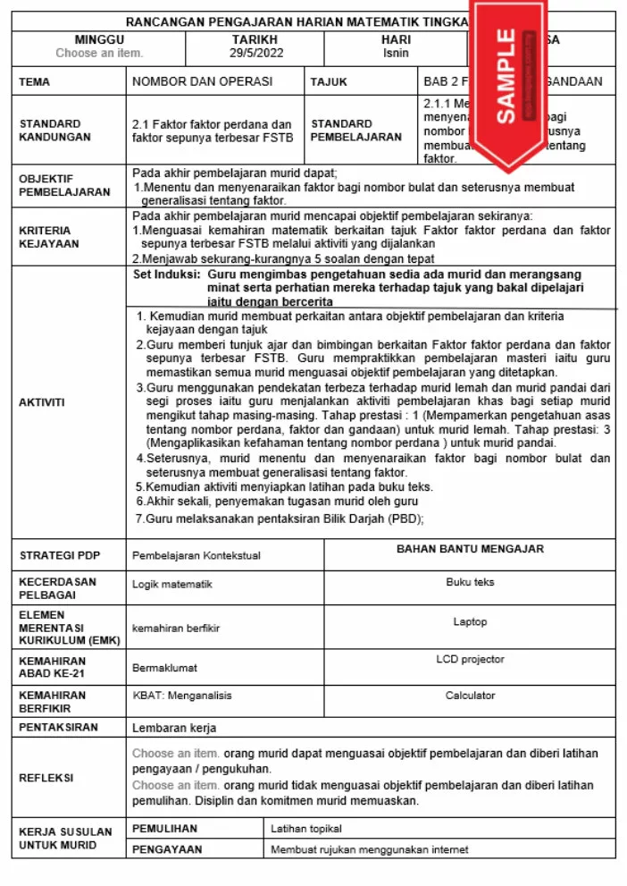 RPH Matematik Tingkatan 1 KSSM