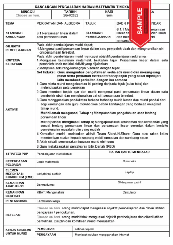 RPH Matematik Tingkatan 1 KSSM