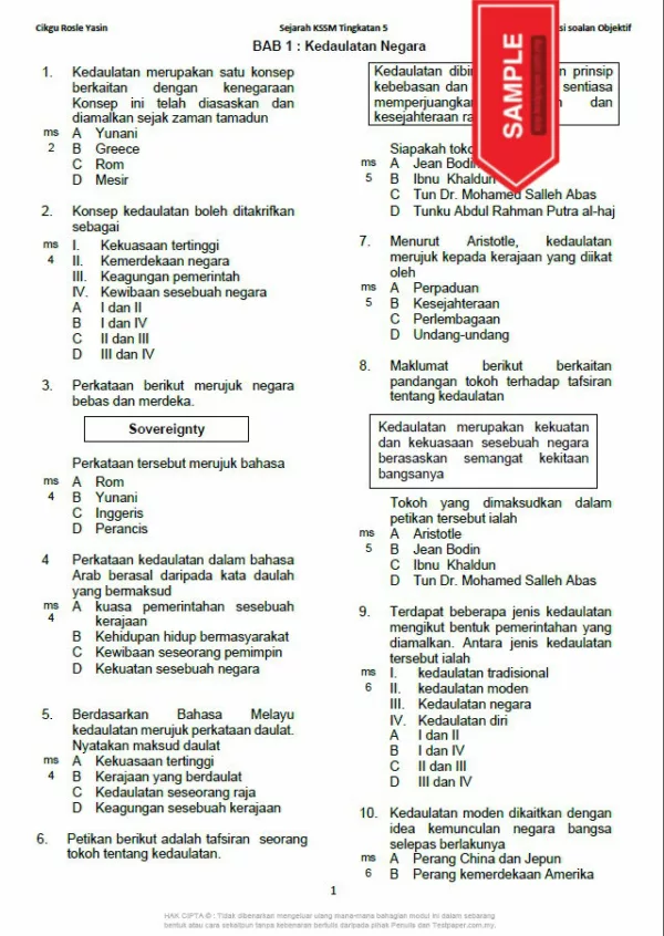 Soalan Latihan Objektif Sejarah Tingkatan 5 KSSM