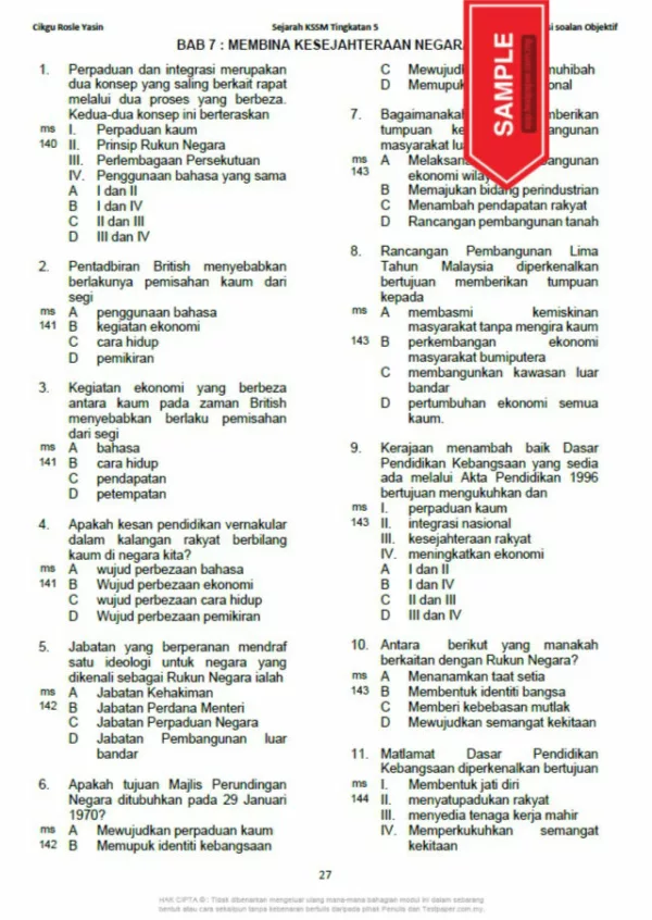 Soalan Latihan Objektif Sejarah Tingkatan 5 KSSM