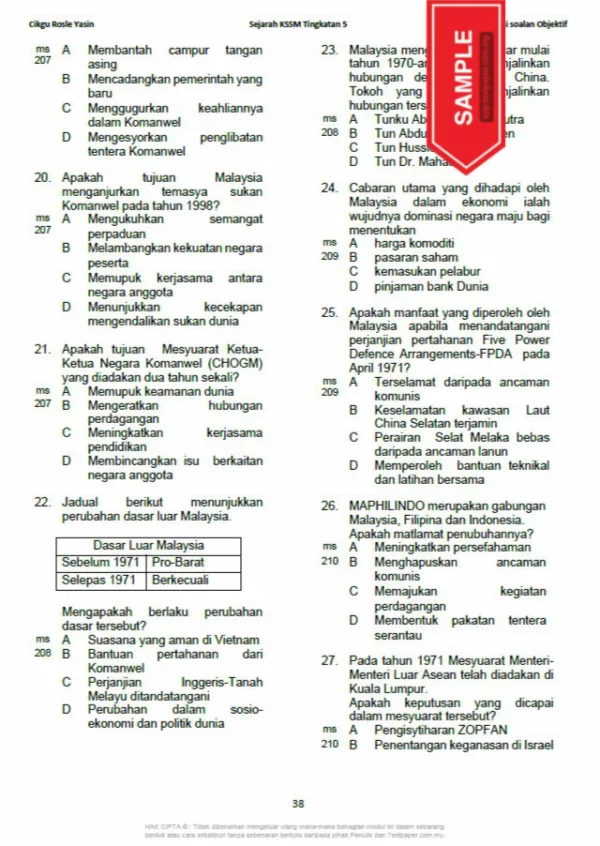 Soalan Latihan Objektif Sejarah Tingkatan 5 KSSM