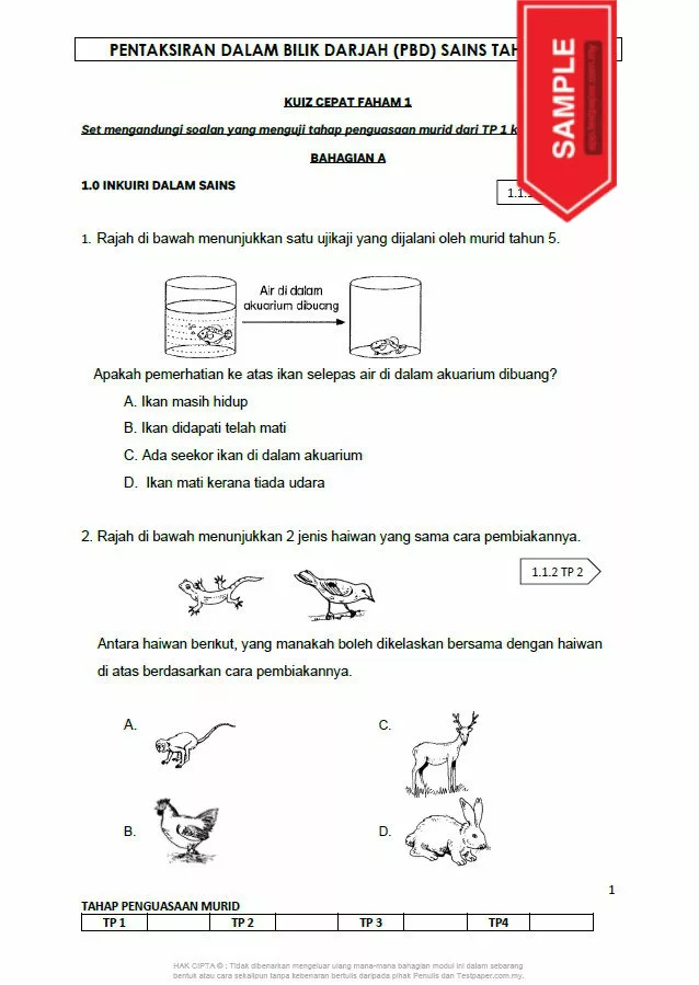 Soalan PBD Kuiz Sains Tahun 5 KSSR