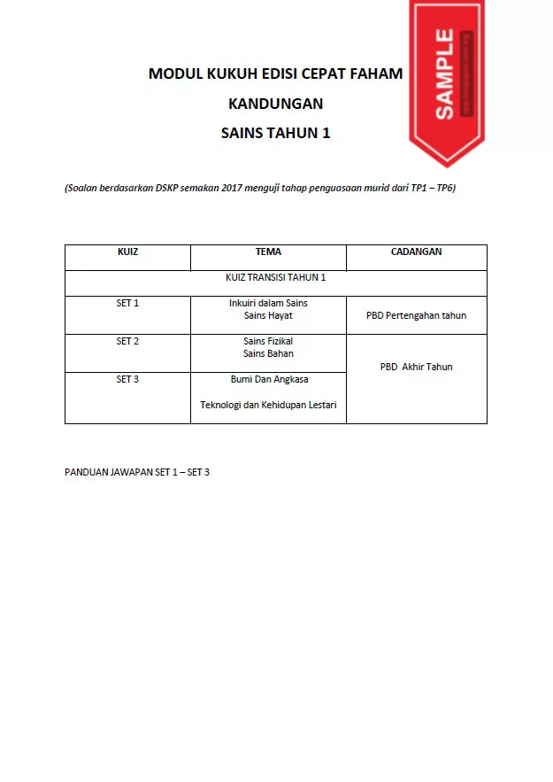 Soalan PBD Kuiz Sains Tahun 1 KSSR