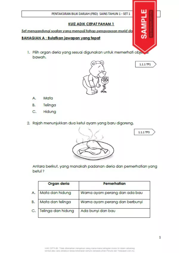 Soalan PBD Kuiz Sains Tahun 1 KSSR