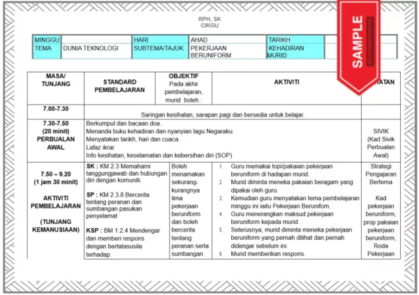 RPH dan Lembaran Kerja Prasekolah Tema Pekerjaan Beruniform