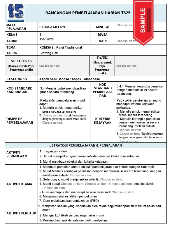 RPH Bahasa Melayu Tingkatan 3 TS25