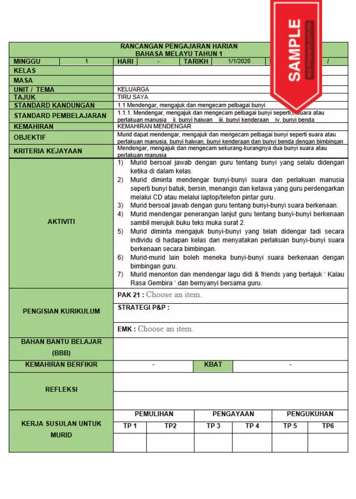 RPH dan RPT PPKI Bahasa Melayu Tahun 1 TS25