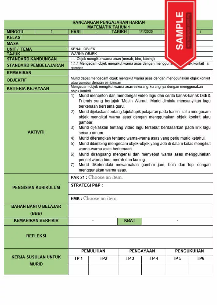 RPH dan RPT PPKI Matematik Tahun 1 TS25