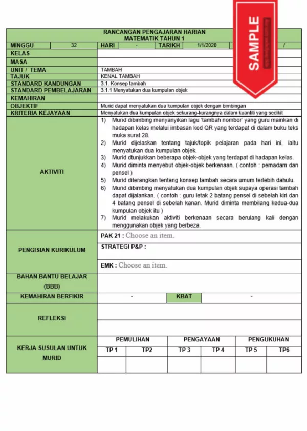 RPH dan RPT PPKI Matematik Tahun 1 TS25