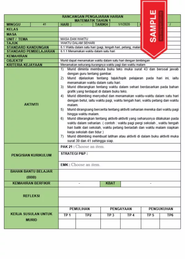 RPH dan RPT PPKI Matematik Tahun 1 TS25