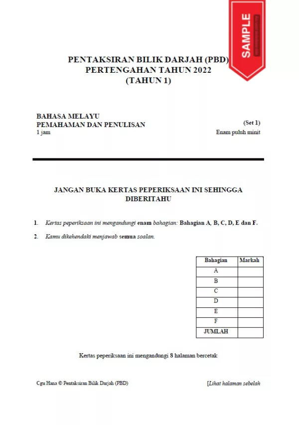 Kertas Soalan PBD Tahun 1 Pertengahan 2022