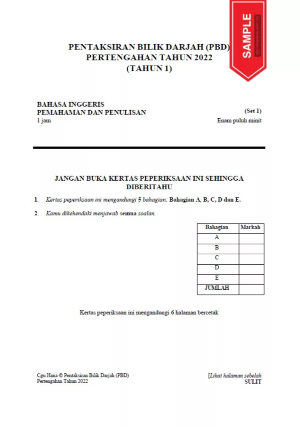 Kertas Soalan PBD Tahun 1 Pertengahan 2022